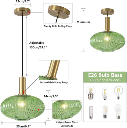 KCO Lighting 11.8'' Modern Gold Globe Pendant Light Black Green Glass Bathroom Fixture Adjustable Brass Round Lights Kitchen Island Large Farmhouse Ceiling (L1143-G)