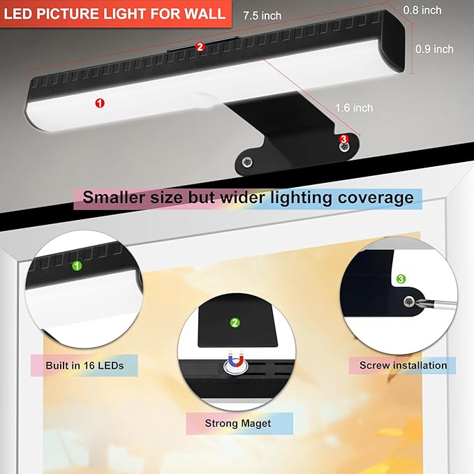 Wall Picture Lights with Remote, Dimmable Painting Light Battery Powered with 3 Lighting Colors,Timer auto-OFF, Art Display Light for Indoor Wall Pictures Paintings Frames Gallery Hallway-6PACK