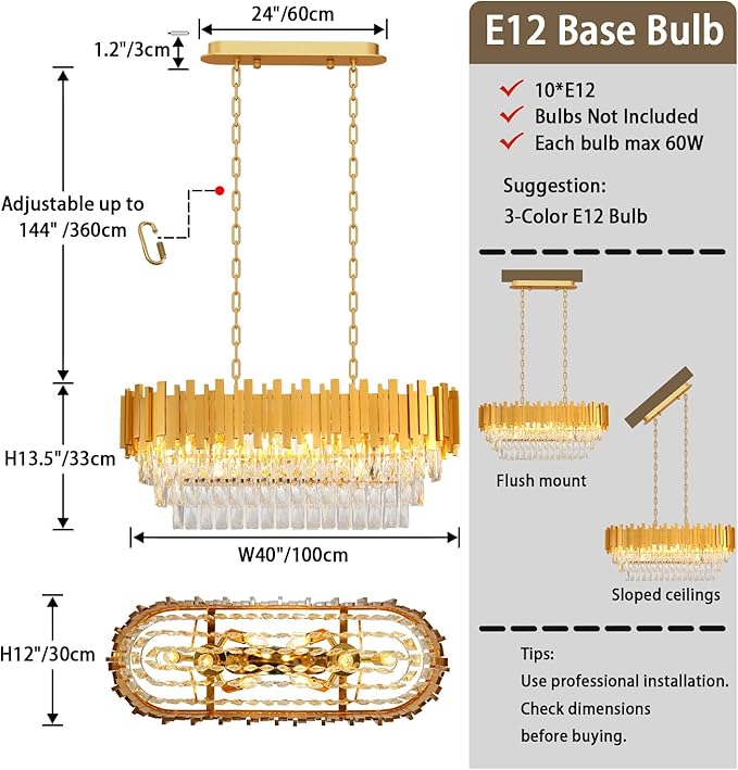 40'' L Modern Crystal Chandeliers for Dining Room 10 Lights Gold Chandelier Large Luxury Rectangular Crystal Chandelier Pendant Light Fixture, Kitchen Island,Entryway,Living Room