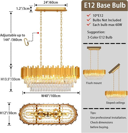 40'' L Modern Crystal Chandeliers for Dining Room 10 Lights Gold Chandelier Large Luxury Rectangular Crystal Chandelier Pendant Light Fixture, Kitchen Island,Entryway,Living Room