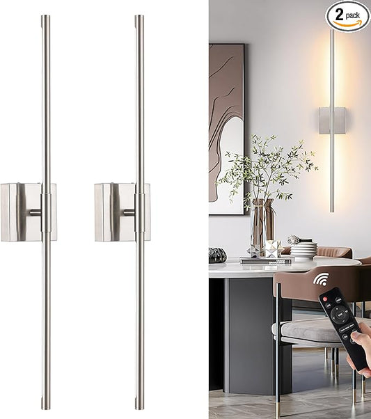 Morauroral Battery Operated Wall Sconces Set of 2, Dimmable Battery Wall Sconce with Remote Control, Sand-Nickel LED Rechargeable Sconces, 24 Inch Modern Wireless Wall Lights for Bedroom, Living Room