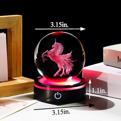 YWHL Unicorn Gifts for Women, 3D Laser Unicorn Figurines Crystal Ball Decor with Colorful Light Base, Gifts for Birthday Christmas, Glass Animals Statue for Home Decorations(80mm)