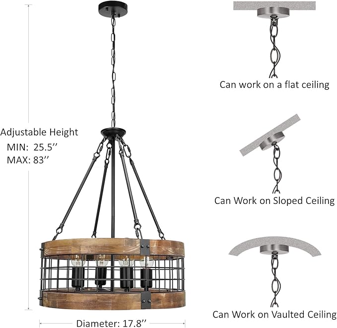 ACNKTZ Farmhouse Rustic Chandelier Light Fixture, 4-Light Round Hanging Pendant Lighting for Dining Room Entryway Kitchen Island Foyer Breakfast Area, Black Wood and Black Metal Finish