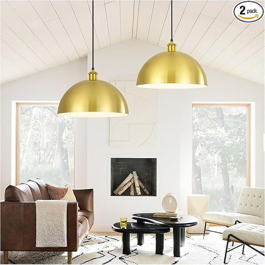Gold Pendant Light, 12" Farmhouse Ceiling Light with Gold and White, Elegant Semi-Circular Shade Design, Adjustable Height Industrial Dome Pendant Lights for Kitchen Island, Dining Room