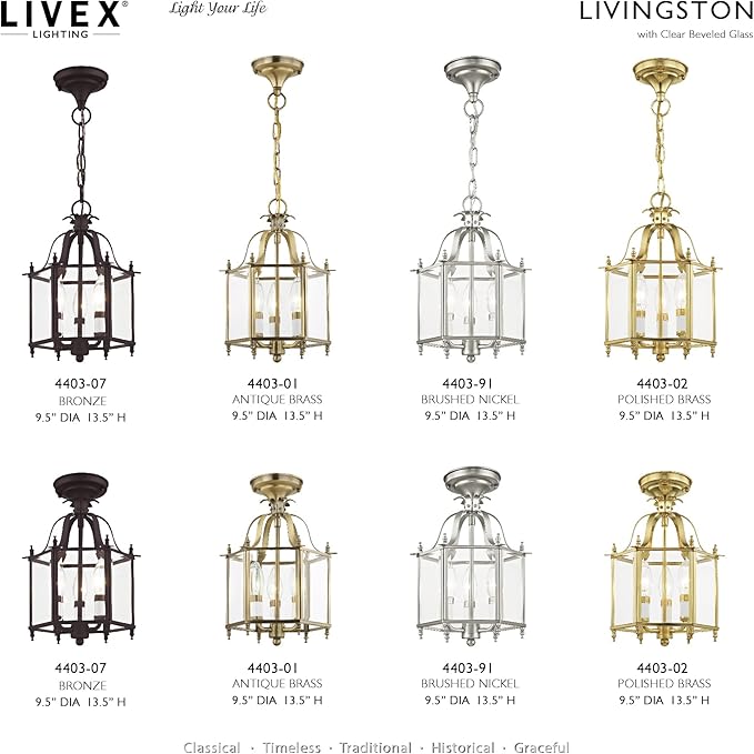 Livex Lighting 4403-91 Home Basics 3 Light Brushed Nickel Hanging Lantern or Flush Mount Chandelier with Clear Beveled Glass