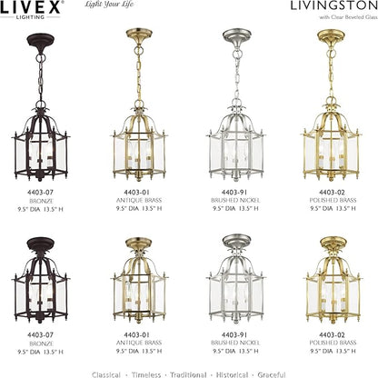 Livex Lighting 4403-91 Home Basics 3 Light Brushed Nickel Hanging Lantern or Flush Mount Chandelier with Clear Beveled Glass