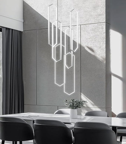 6 Rings Modern Chandelier LED Dimmable Long Large High Ceiling Chandelier Adjust Flush Mount Ceiling Light for Foyer Lobby Living Room Staircaes Sliver