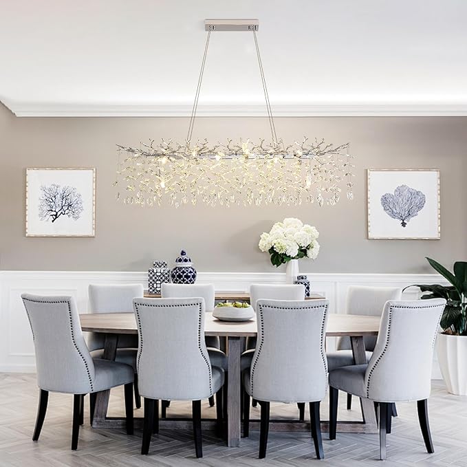 Modern Crystal Tree Branches Chandelier, 47.5in Silver 14 Lights Large Ceiling Hanging Light for Dining Room, Rectangle Raindrop Pendant Light Fixture