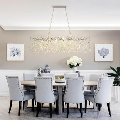Modern Crystal Tree Branches Chandelier, 47.5in Silver 14 Lights Large Ceiling Hanging Light for Dining Room, Rectangle Raindrop Pendant Light Fixture