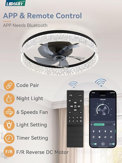 LEDIARY 22 Inch Ceiling Fans with Lights and Remote, Fandelier Low Profile Ceiling Fan, 3000K-6000K Dimmable Flush Mount LED Fan Light, Black Modern Ceiling Fans with Lights for Bedroom