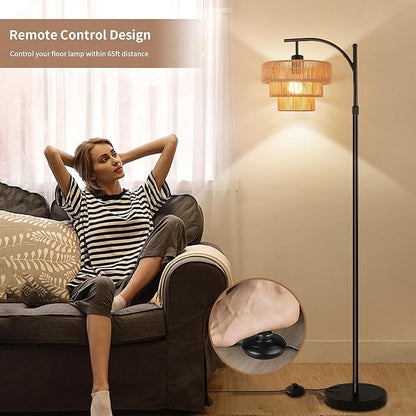 Boho Floor Lamp for Living Room Bedroom with Remote,Arc Farmhouse Floor Lamps with 3 Color Temperature,Rustic Standing Lamp with 3-Tier Rattan Wicker Shades,Adjustable Tall Lamp for Office,Corner
