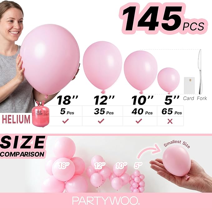 PartyWoo Baby Pink Balloons 145 pcs Different Sizes of 18 12 10 5 Inch Pastel Pale Light Pink Balloons Arch Kit Garland for Baby Shower Gender Reveal Birthday Princess Party Decorations Pink-Q05