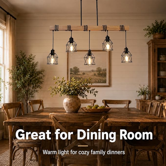 5 Light Farmhouse Kitchen Island Lighting,Dining Room Light Fixture,Adjustable Height Pendant,Real Wood and Black Metal Cage Chandelier for Kitchen,Dining Room