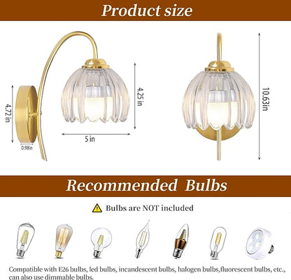 Wireless Wall Sconce with Flower lampshade, Battery Operated Wall Lights,Wall lamp with 15 Colors for Bedroom Living Room Home Decor (Clear-Tulip, 2 Light Battery Operated)
