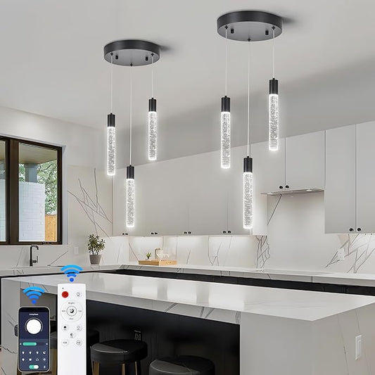 3 Light Pendant Lights Kitchen Island,Modern LED Bubble Crystal Pendants with Dimmable 3000K-6000K Ceiling Hanging Light Fixture for Dining Room Bedroom,Matte Black Finish,Adjustable Height 59"
