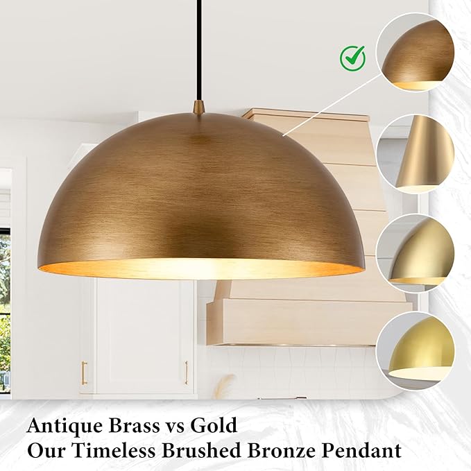 16" Dome Gold Pendant Light, Farmhouse Pendant Lights for Kitchen Island, Modern Adjustable Hanging Lamp for Dining Room Living Room Hallway Cafe Bar 2 Pack