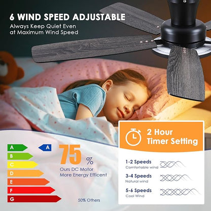 BYKISTOK 52" Flush Mount Ceiling Fan with Lights and Remote - Black Modern Ceiling Fan, Reversible and 5 Dual-Sided Blades, Low Profile Fan Light for Indoor Bedroom, Covered Patios