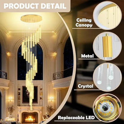D28inxH177in Long Crystal Column Chandelier Extra Large Staircase Chandelier for High Ceiling Gold 30-Lights Dimmable LED Pendant Lighting Foyer Entryway Light Source is Replaceable