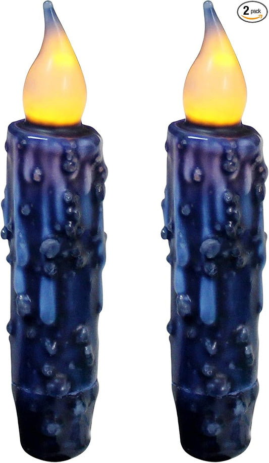 CVHOMEDECO. Real Wax Hand Dipped Battery Operated LED Timer Taper Candles Rustic Primitive Flameless Lights Decor, 4-3/4 Inch, Navy Blue, 2 PCS in a Package