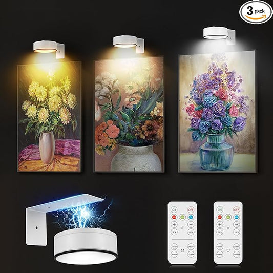 Arixinks 3Pcs Battery Picture Lights, Remote Painting Light for Art Disaplay,Magnetic Wall Picture Light Up/Down Light,Dimmable & Timer, 200LM 3 Lighting for Gallery Dartboard Frame Pictures