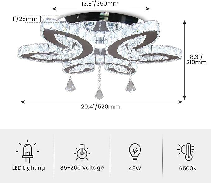 FRIXCHUR 20.4" Crystal Ceiling Light Modern LED Crystal Chandeliers Large Flush Mount Ceiling Light Fixture for Bedroom Living Dining Room (Cool White)