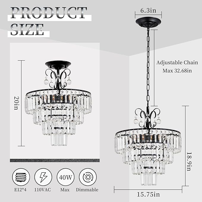 Black Crystal Chandeliers,4 -Lights Modern Crystal Chandelier for Dining Room,4 Tiers Small Chandeliers for Living Room Bedroom Kitchen Entryway E12 Base
