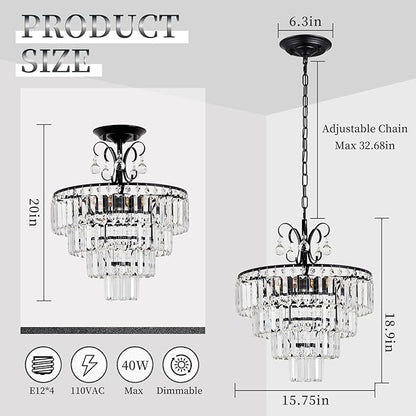 Black Crystal Chandeliers,4 -Lights Modern Crystal Chandelier for Dining Room,4 Tiers Small Chandeliers for Living Room Bedroom Kitchen Entryway E12 Base