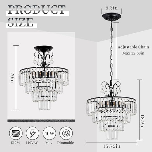 Black Crystal Chandeliers,4 -Lights Modern Crystal Chandelier for Dining Room,4 Tiers Small Chandeliers for Living Room Bedroom Kitchen Entryway E12 Base