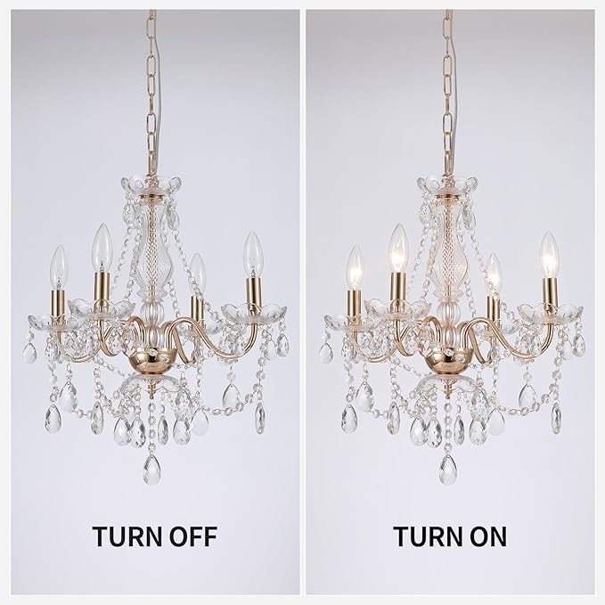 AMZASA Plug in Crystal Chandelier,French Country Gold Crystals Chandelier Pendant Lighting, 4 Light Glass Crystal Light for Living Room, Wedding, Island, Bedroom, Hallway,Foyer,Electroplating