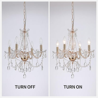 AMZASA Plug in Crystal Chandelier,French Country Gold Crystals Chandelier Pendant Lighting, 4 Light Glass Crystal Light for Living Room, Wedding, Island, Bedroom, Hallway,Foyer,Electroplating