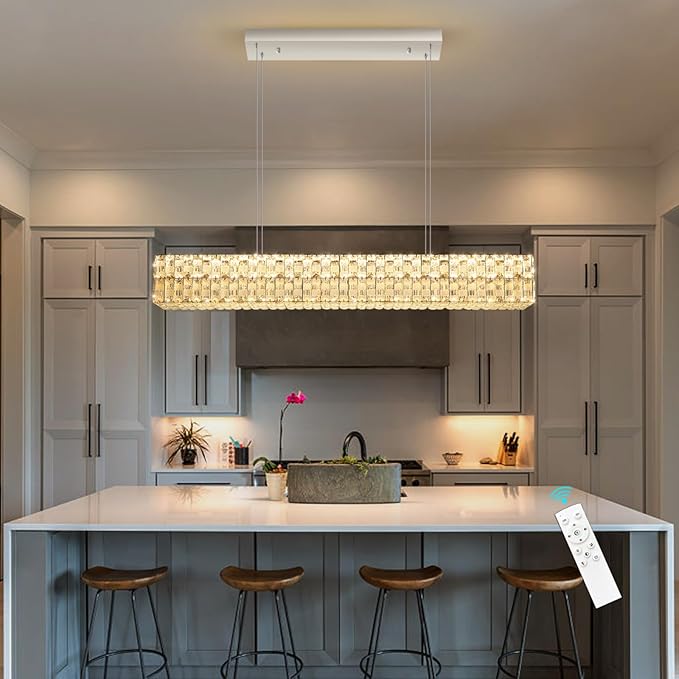 47 Inch Rectangular Crystal Chandelier Glam Dimmable LED Chandeliers for Dining Room Linear Pendant Light with Remote Control for Kitchen Island Silver