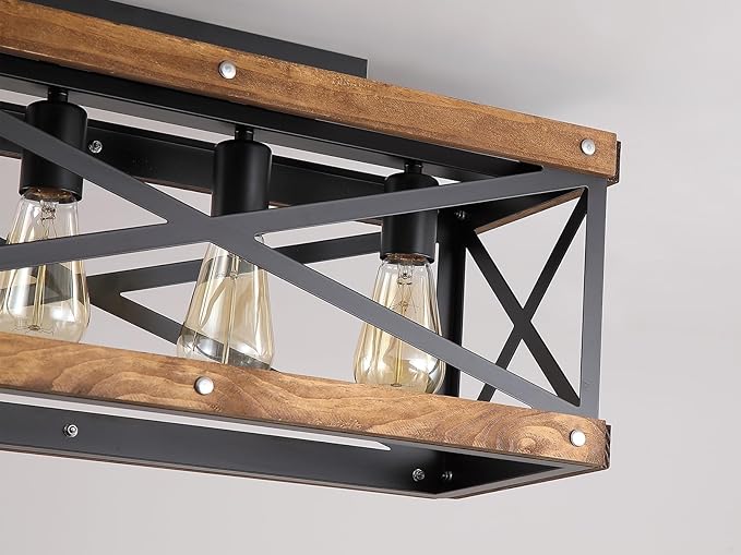 4-Light Large Rustic Farmhouse Wood Flush Mount Ceiling Light Fixture 23.6 inch Oak Wood and Metal Rectangular Track Semi Flush Mount Ceiling Light for Kitchen Living Room Bedroom Indoor, Black