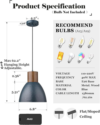ELYONA 3 Pack Hammered Pendant Lights 7” Small Metal Solid Wood Hanging Light Fixtures Adjustable Height Industrial Pendant Lighting for Kitchen Island Dining Room Bedroom Bar Office, Modern Blue