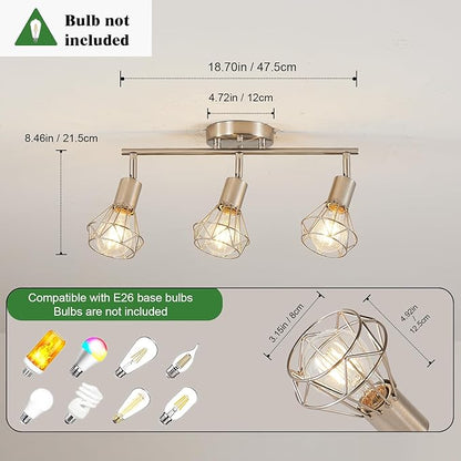 Brushed Nickel Track Lighting 3 Light Semi Flush Mount Ceiling Light Fixture Adjustable Flexibly Rotatable Farmhouse Dining Room Kitchen Light Fixtures with Metal Cage