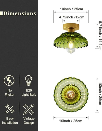 ANYLOVE 10 Inch Green Vintage Glass Semi Flush Mount Ceiling Light, E26 Socket for Bedroom Kitchen Hallway Foyer
