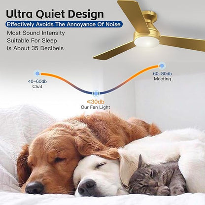 Ceiling Fans with Lights, 42 Inch Ceiling Fan with Light And Remote, 3CCT Flush Moun Low Profile Ceiling Fans, 6 Speed Noiseless LED Ceiling Fan, All Gold Ceilings Fan for Bedroom Living Room