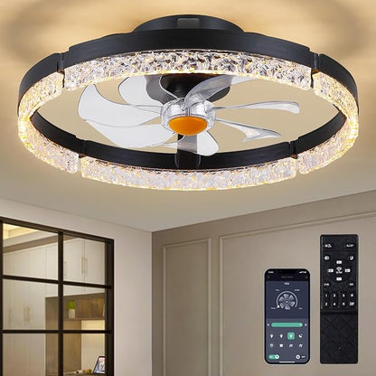 Mpayel 20" Ceiling Fans with Lights and Remote, Modern Low Profile Fandelier Ceiling Fan with Light, Quiet DC Motor, 6 Speeds, 3CCT Dimmable Bladeless Flush Mount LED Fan Light for Kids Room, Bedroom
