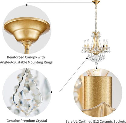 WUZUPS 5-Light Crystal Candle Chandelier Pendant Ceiling Light Modern Lighting Fixture for Bedroom Hallway Bar Kitchen Bathroom, H 19" W 16.6", E12 Base, Gold