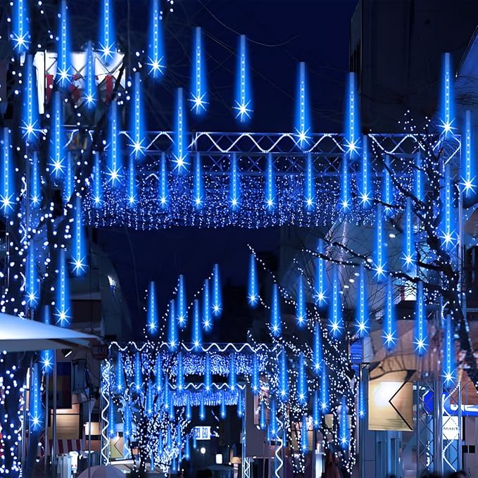 Adecorty Christmas Lights Outdoor UL Certified 24 Tubes 576 LEDs (Equivalent to 3 Sets of 8 Tubes) Meteor Shower Light Falling Rain Drop Icicle Lights for Christmas Decorations Halloween Party, Blue
