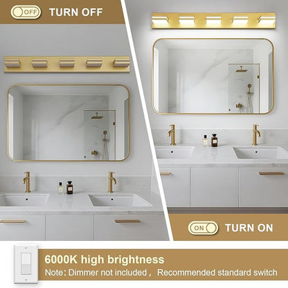 Modern LED Bathroom Lights Fixtures 5-Light,Metal Gold Acrylic Wall Lighting,Vanity Lights for Bathroom Over Mirror 6000k 34in