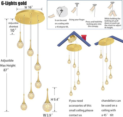 Flashing God 6-Lights Gold Chandeliers Crystal Bubble Teardrop Chandelier 70'' High Ceiling Foyer Entrance Chandeliers Creative Bar Ceiling Light Dimmable 2700K 4500K 6000K