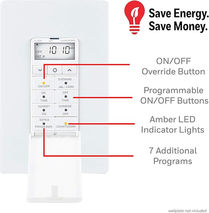 UltraPro Daysmart 7-Day Digital In-Wall Ⲧimer, Presets/Countdown Timer, Programmable Settings, Override, Sunrise/Sunset, Light Τimer for Indoor Lighting, Porch, Seasonal, Timer Switch, 2 Pack, 47940