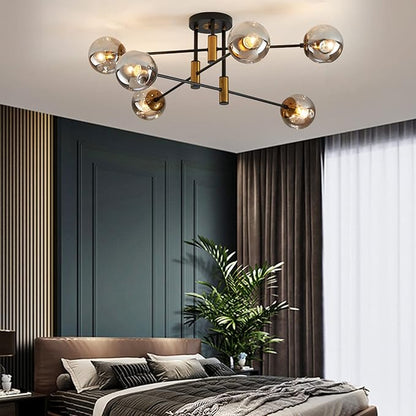 DDLLDESHI 6-Light Glass Globe Sputnik Chandelier Modern Matte Black and Gold Ceiling Light Fixture Vintage Hanging Chandeliers for Farmhouse Living Room, Kitchen Dining Room Bedroom