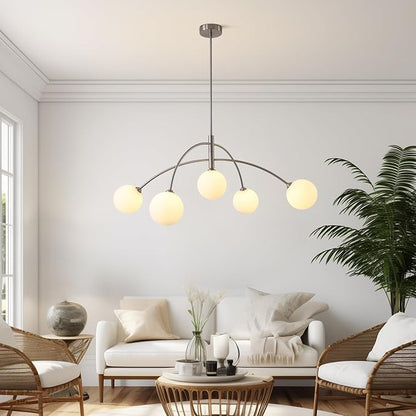 Mid Century Modern Chandelier, 5 Light Silver Sputnik Light Fixture with White Glass Globe Shade, Adjustable Modern Sputnik Chandelier for Dining Room Kitchen Bedroom