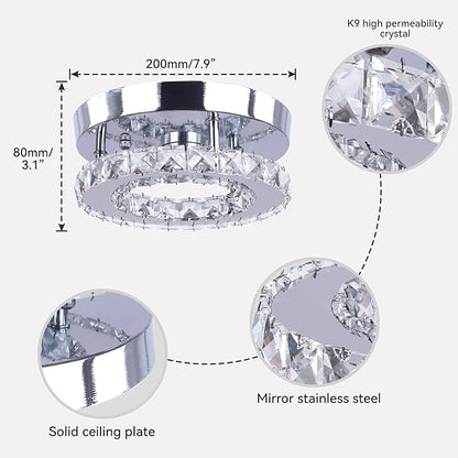 Modern Mini Led Chandelier Semi Flush Mount Crystal Lighting Ceiling Crystal Lamp for Bedrooms Dinning Rooms Hallway(Round White)