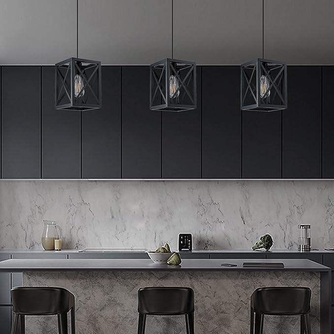 1 Light Hanging Rustic Farmhouse 6.3" Metal Lantern Cage Pendant Ceiling Light Fixture Over Sink Dining Room Bedroom Kitchen Island 3 Pack Black