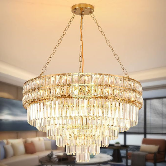 Modern Crystal Chandelier Gold Finish Light Fixture, Round Crystal Pendant Light Hanging Lamp, for Living Room, Dining Room, Restaurant, E12 x 15, Ø29.5 inch
