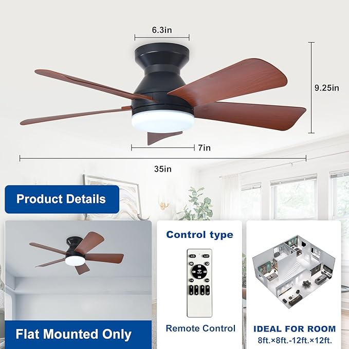 35-Inch Ceiling Fans with Lights: Walnut Low Profile Ceiling Fan with Light and Remote Control - Reversible Flush Mount Fans - 3CCT Dimmable Small Ceiling Fan for Bedroom Indoor/Outdoor Use