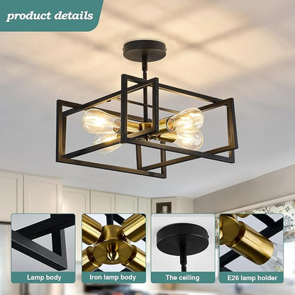 ZGLAOJT 4-Lights Close to Ceiling Light Black and Gold Light Fixture Industrial Flush Mount Ceiling Light Farmhouse Chandelier Lighting for Kitchen Island Dining Room Bedroom Foyer Hallway.
