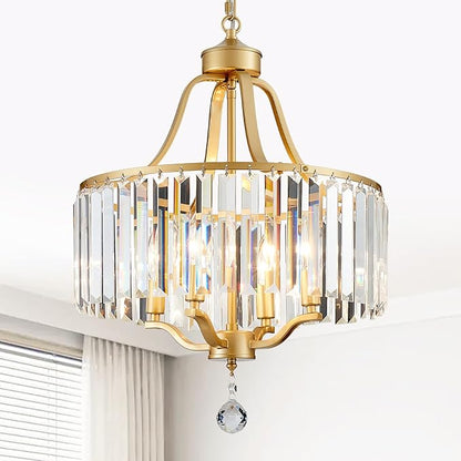 Gold Crystal Chandeliers for Dining Room, 4-Light Modern Round Chandeliers 15.7" for Living Room Kitchen Hallway Bedroom Foyer Hall, Adjustable Height Hanging Light Fixture